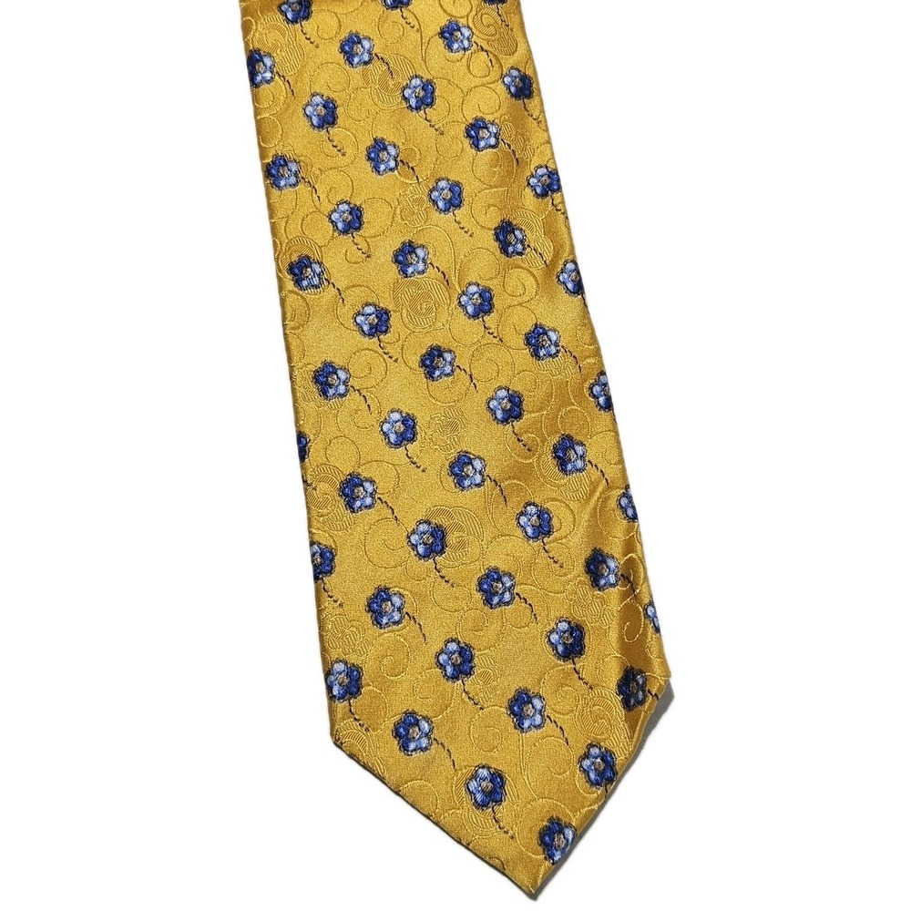ERMENEGILDO ZEGNA Men's 100% Silk Necktie ITALY Yellow with Blue Flowers 60.5"